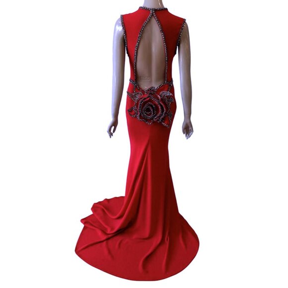 TARIK EDIZ 92607 Beaded 3-D Flower Back RED Dress Size 40/US 8 - Picture 8 of 14